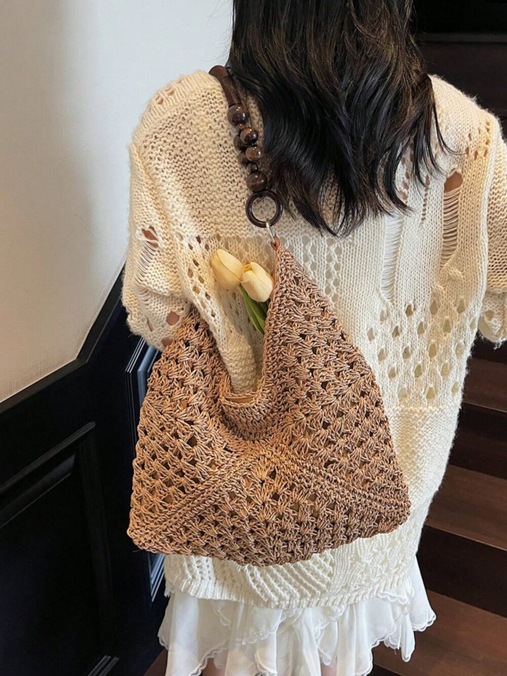 Khaki Casual Women's Crochet Hollow Patchwork Spacious Shoulder Bag - Picture 3 of 9